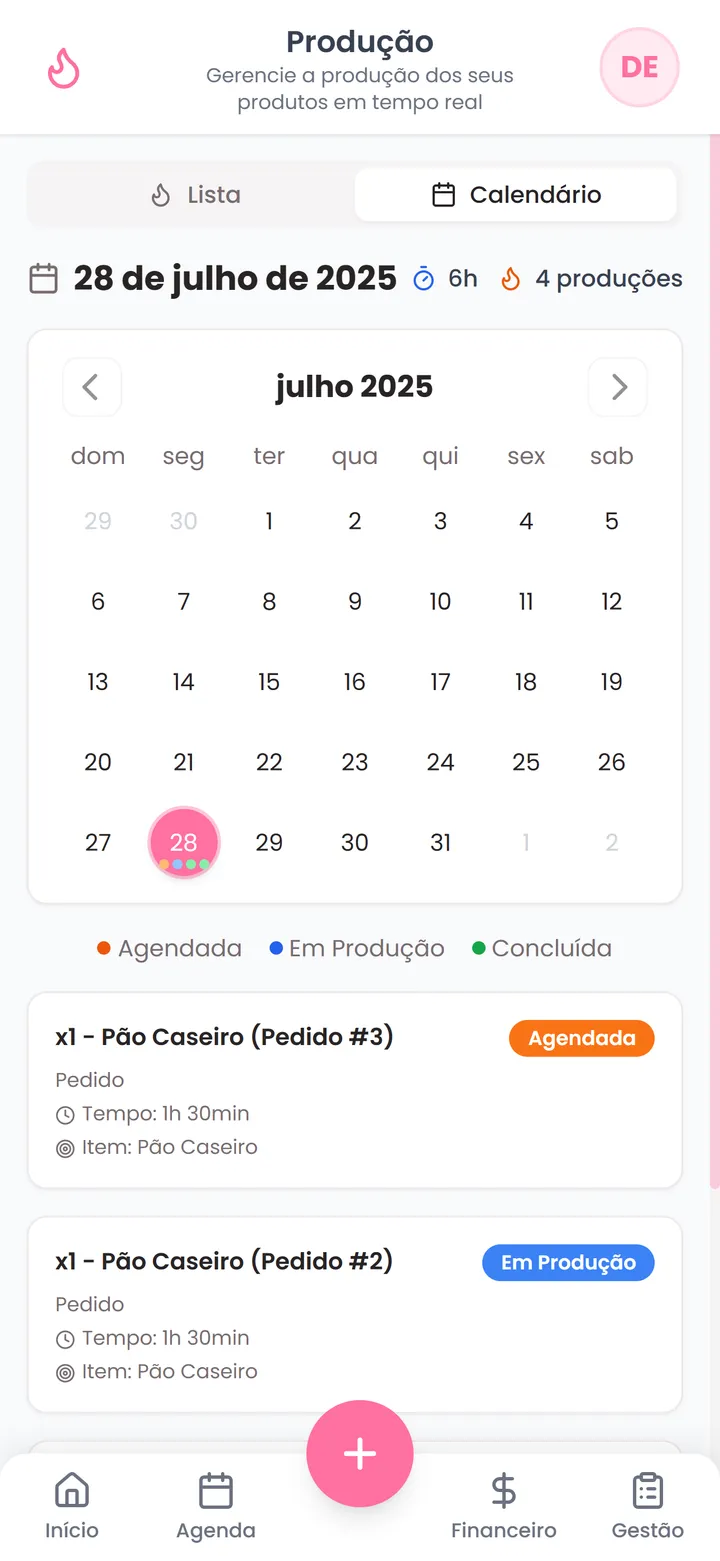 Tela de controle de produção do app Dora